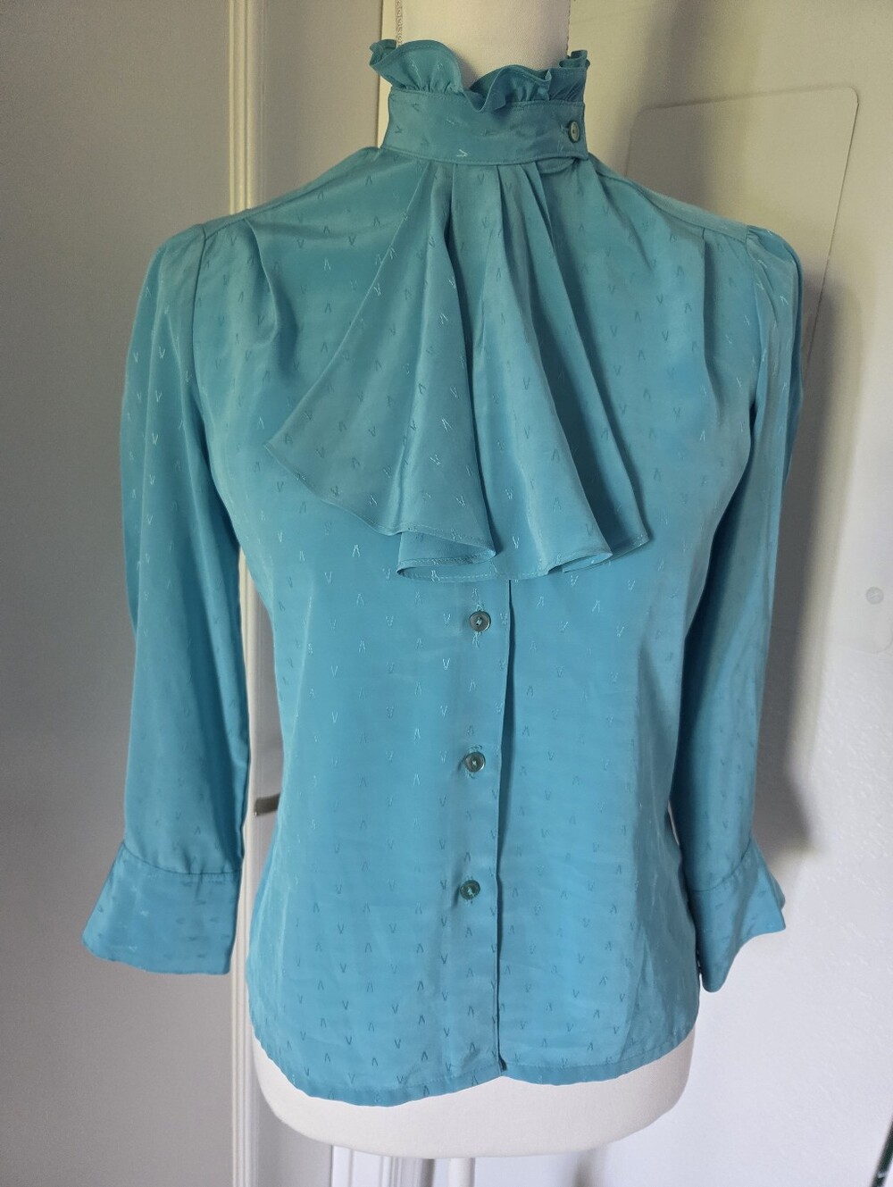 Vintage 1980s Johnathan Martin Turquoise Ruffle-Neck Blouse